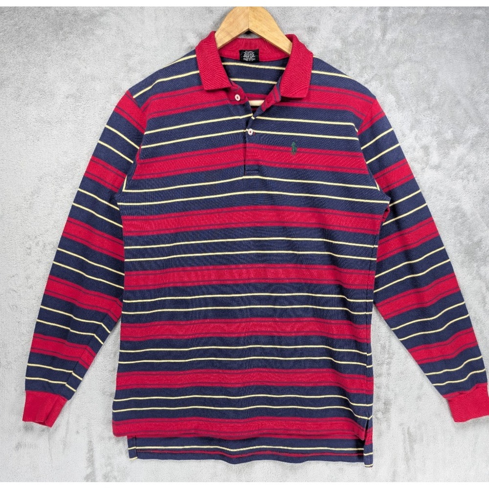 Vintage Polo Ralph Lauren Knit Rugby Shirt Men's Sz Large Red Blue Made In USA